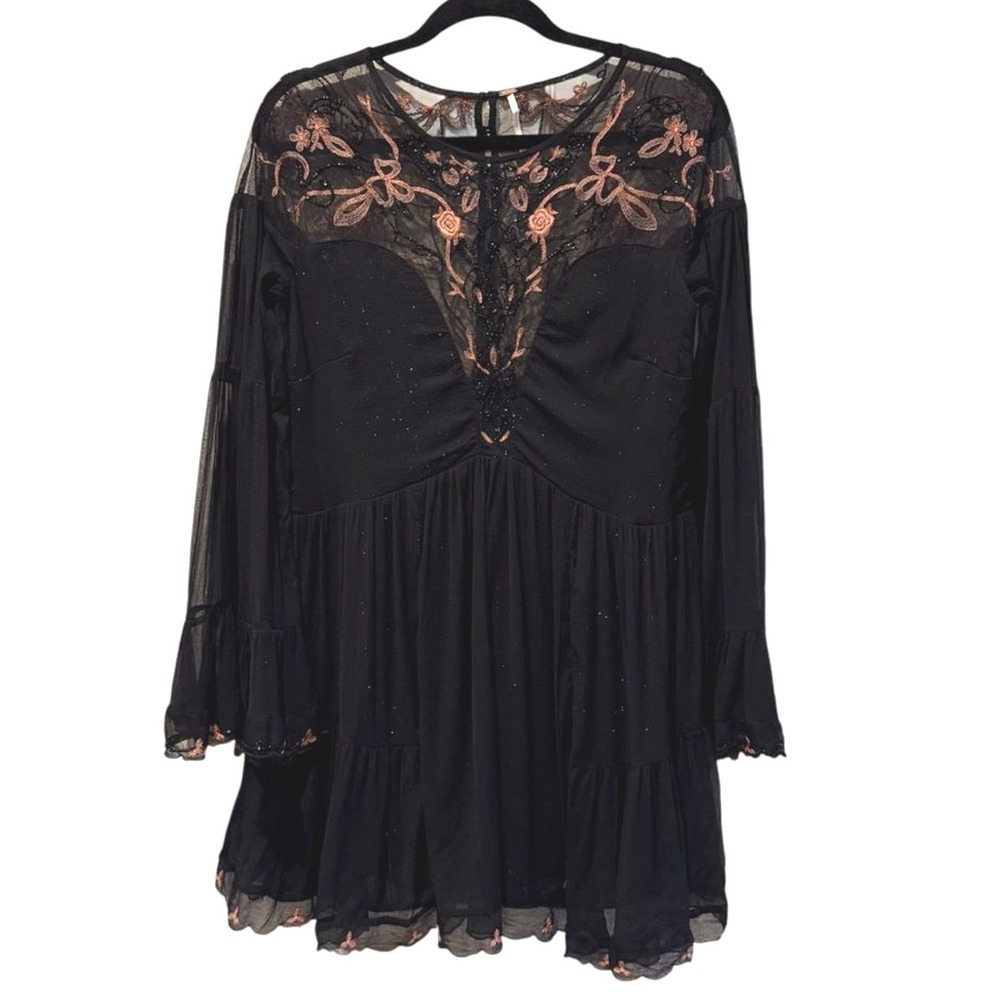Free People Mini Dress Black Peach Embroidered Boho Mesh Bell Sleeve Womens S‎